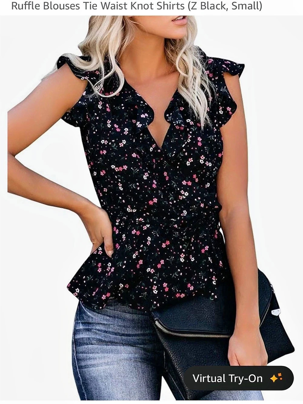 Floral Ruffle Tie Waist Blouse in Black & Pink Size Small